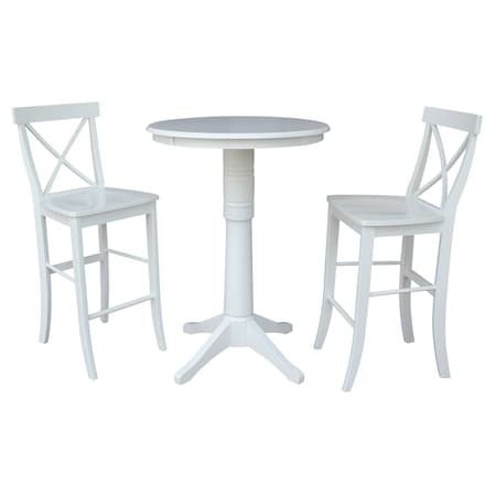 International Concepts Round 30 in Rd Pedestal Bar Height Table, 2 X-Back Bar Height Stools, White, 30 in W, 30 in L, Wood K08-30RT-27B-S6133